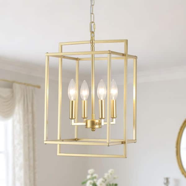 4 Light Gold Lantern Chandelier Modern Farmhouse Open Cage Pendant Light for Foyer Entryway Dining Nook Kitchen Island