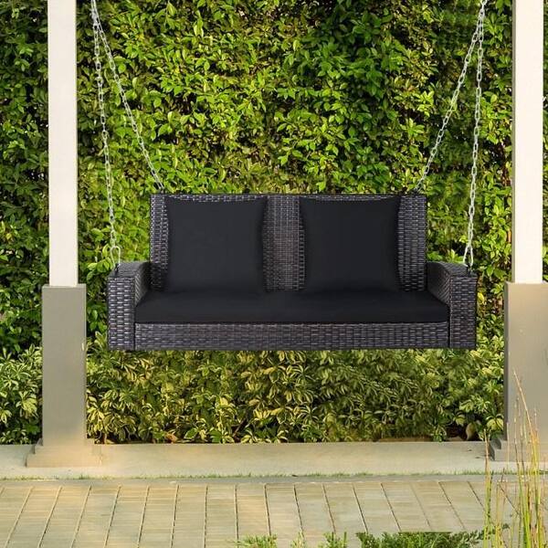 2-Person Patio Rattan Hanging Porch Swing Bench Chair with Black