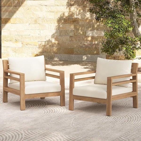 Arcs Light Teak Outdoor Patio Lounge Chair with Beige Cushion, Set of 2