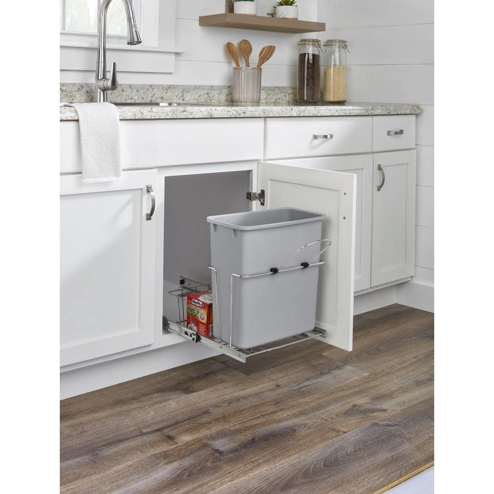 Gray 20 Quart Pull-Out Plastic Kitchen Waste Container with Rear Basket