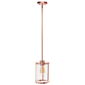 10 in. 1-Light Rose Gold Standard Pendant Modern Farmhouse Adjustable Hanging Cylindrical Clear Glass Shade