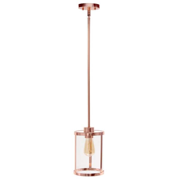 Lalia Home 10 in. 1-Light Rose Gold Standard Pendant Modern Farmhouse Adjustable Hanging Cylindrical Clear Glass Shade
