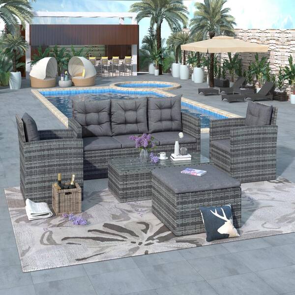 Wateday Outdoor 5-Piece Wicker Patio Conversation Set with Gray ...