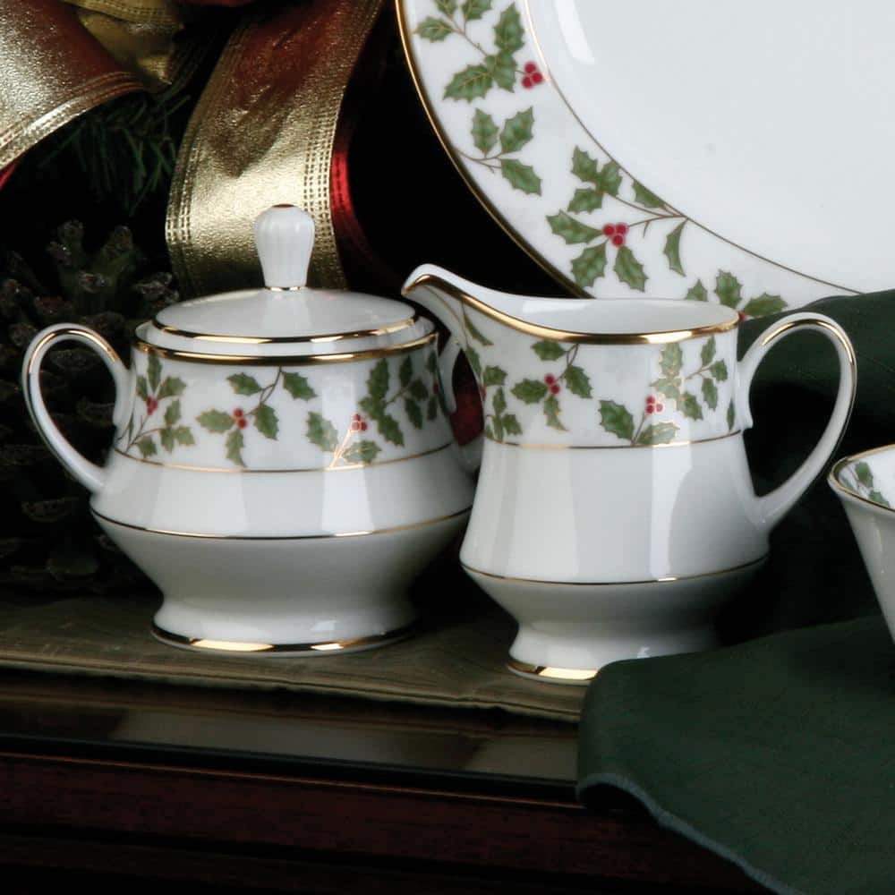 Holly and Berry Gold Christmas Porcelain Sugar and Creamer Set