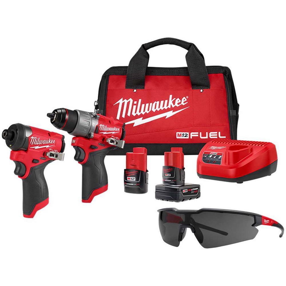 Milwaukee M12 12-Volt Cordless FUEL Brushless Hammer Drill & Impact Driver Combo Kit w/2 Batteries & Bag & Tinted Safety Glasses