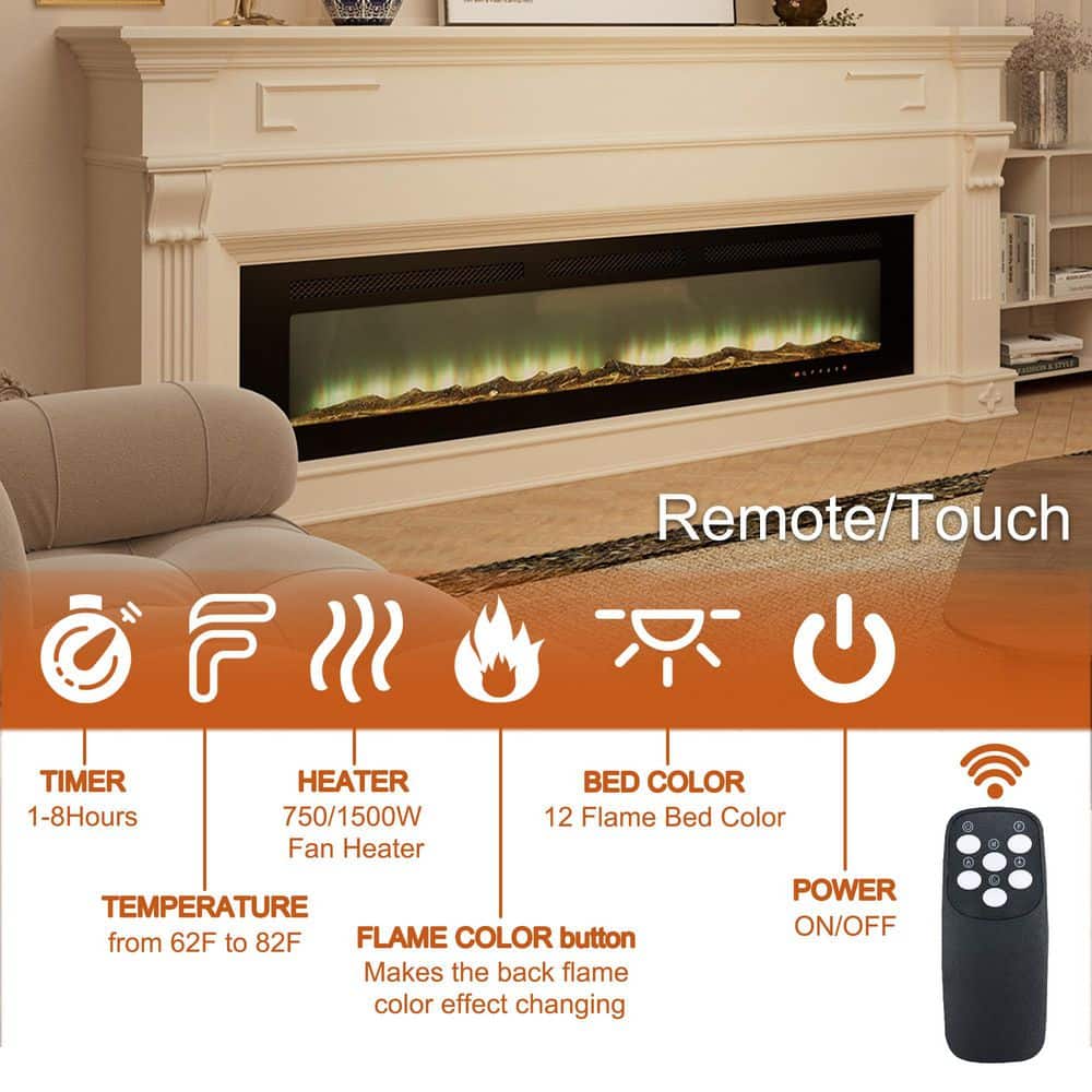 Corretto 72" Black Wall Mounted Electric Fireplace with Mantel