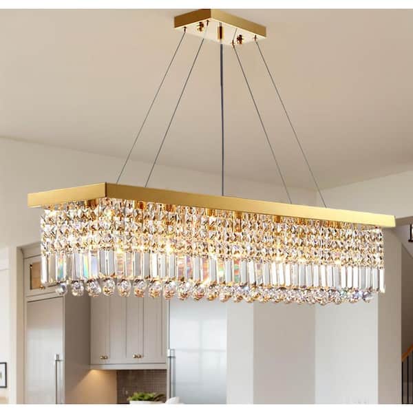 ARISKEEN 39 in. Modern 10-Lights K9 Crystal Gold Raindrop Crystal Chandelier, Pendant Light for Dining Room Kitchen Island