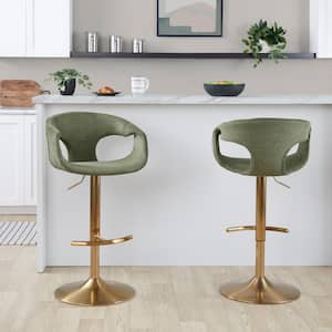 Curva 32.5 in. Green Fabric and Gold Metal Adjustable Bar Stool with Rounded T Footrest (Set of 2)