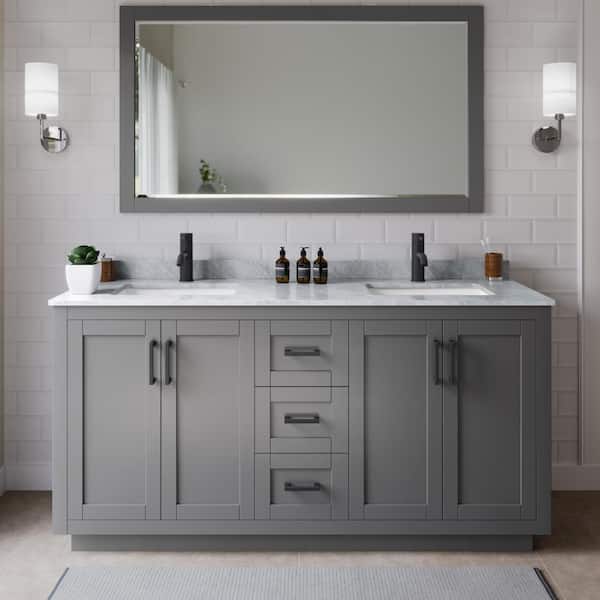 Wyndham Collection Miranda 66 in. W x 22 in. D x 33.75 in. H Double Bath Vanity in Dark Gray with White Carrara Marble Top