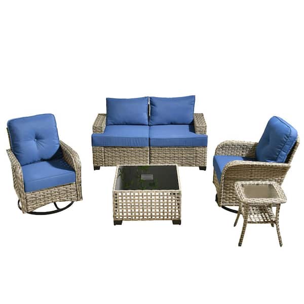 Torino Gray 6-Piece Modern Wicker Patio Conversation Deep Seating Set with Swivel Rocking Chairs and Navy Blue Cushions
