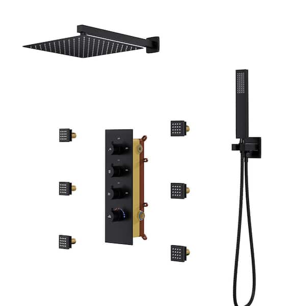 Boyel Living 1-spray 12 in Thermostatic Dual Shower Head and Handheld Shower Head and Body Sprayer Wall Mount 2 5 GPM in Matte Black