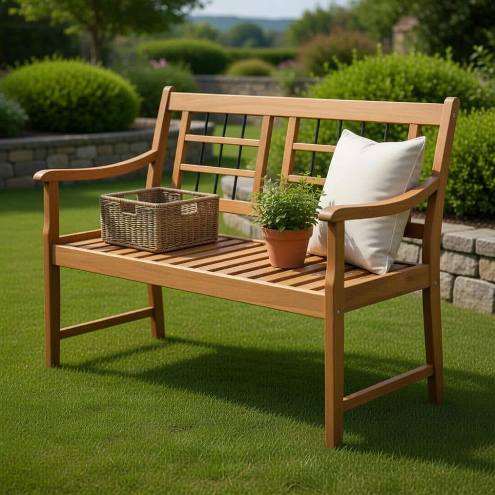 acacia wood outdoor bench with curved armrests slatted seat and backrest natural finish price history on PriceWatchPro