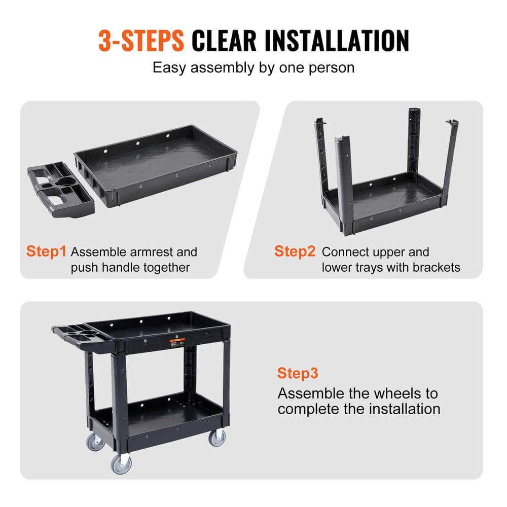 Black Heavy Duty 2-Shelf Rolling Utility Cart with Swivel Wheels