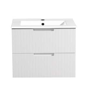 24 in. Floating Bath Vanity Cabinet in White with White Ceramic Sink Top Combo Set and 2 Large Drawers