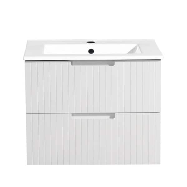 24 in. Floating Bath Vanity Cabinet in White with White Ceramic Sink Top Combo Set and 2 Large Drawers
