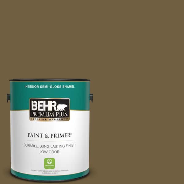 BEHR PREMIUM PLUS 1 gal. #360F-7 Olive Shadow Semi-Gloss Enamel Low Odor Interior Paint & Primer
