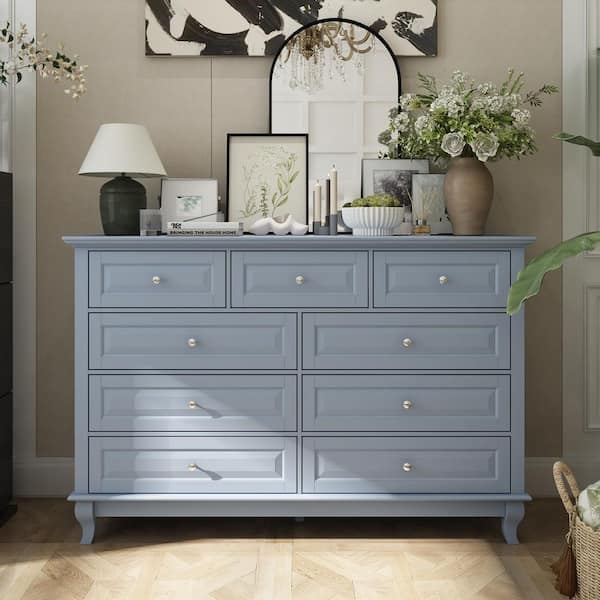 grey dresser with white knobs Stylish Gray 5 Drawer Dresser Elevate your space with this chic gray dresser,  boasting graceful cabriole legs, white ornate knobs, and a striking  appliqu accent. Coming soon to @3_strands_vintage