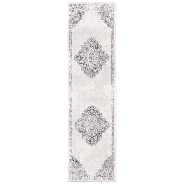 Phoenix 2 ft. x 10 ft. Ivory/Gray Medallion Ornate Distressed Runner Rug