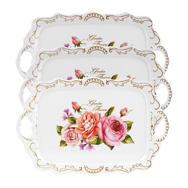 16.5 in. W x 1.5 in. H x 11 in. D Rectangular Coffee White Melamine Floral Serving Tray with Handles (Set of 3)