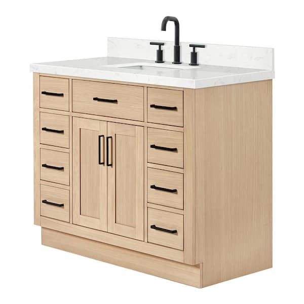 Hepburn 42 in. Single Sink Freestanding Bathroom Vanity in Oak with Carrara White Quartz Top