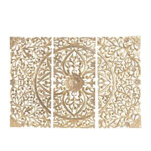 Wood Cream Handmade Intricately Carved Floral Wall Decor with Mandala Design (Set of 3)