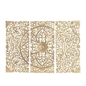 Wood Cream Handmade Intricately Carved Floral Wall Decor with Mandala Design (Set of 3)