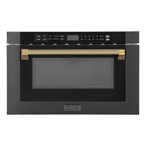 Autograph Edition 24 in. 1.2 cu. ft. Built-in Microwave Drawer in Black Stainless Steel and Polished Gold Helix Handle