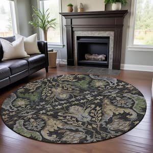 Mayfield Premium Machine Washable Abstract AMF1153 Black 8 ft. x 8 ft. Round Rug