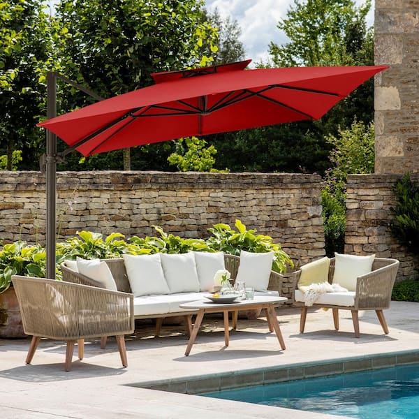 JEAREY 10 ft. Square Cantilever Umbrella Patio Rotation Outdoor Umbrella with Cover in Red