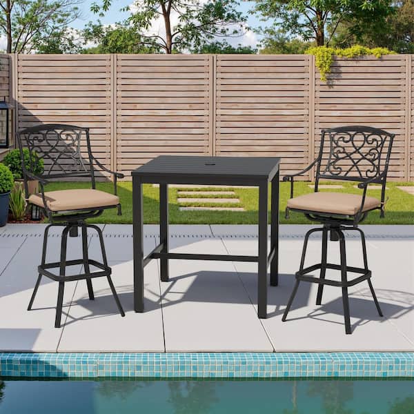 Beige 3-Piece Square Aluminum Outdoor Dining Set with 35.4 in. Table and Bar Chairs