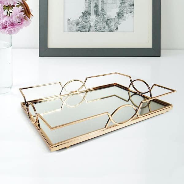 LIVING LUXURY Art Deco Rectangle Metal Mirror Gold Decorative Tray 15in