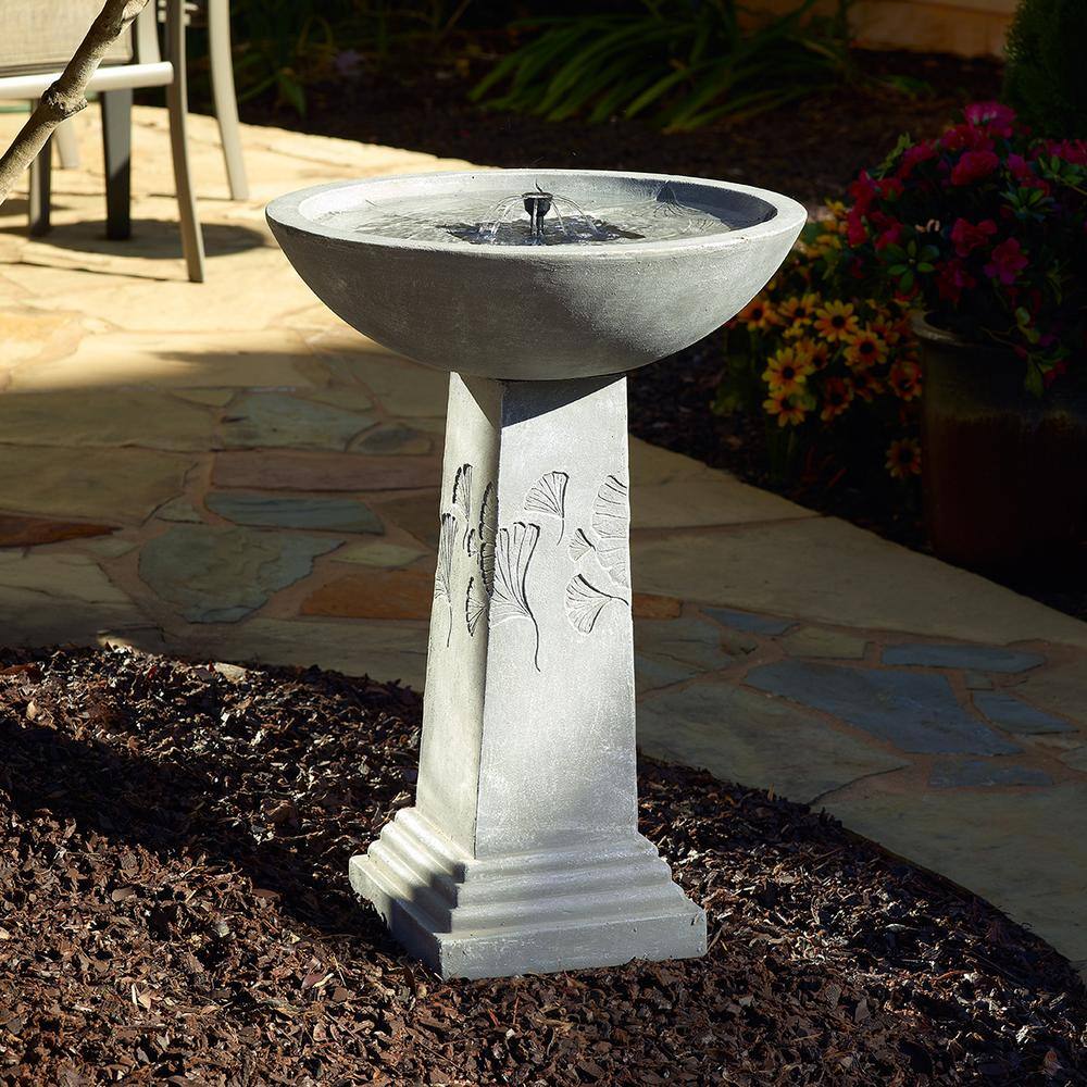 Ginkgo 27" Gray Concrete Solar Birdbath with Remote