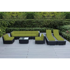 Black 9-Piece Wicker Patio Combo Conversation Set with Supercrylic Peridot Cushions