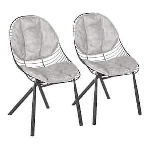Wired Black Metal Chair with Light Grey Faux Leather Cushion (Set of 2)