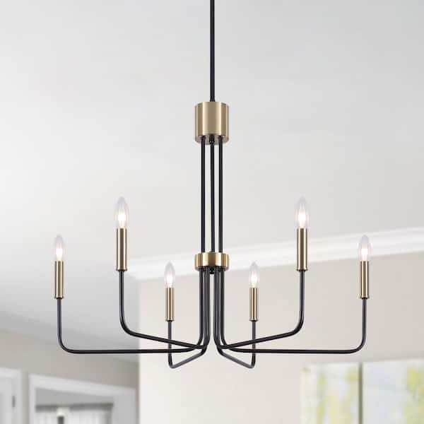 ZJVAIVE 6-Light Black and Brass Traditional Hanging Adjustable Linear Candlestick Chandelier for Dining Room Living Room