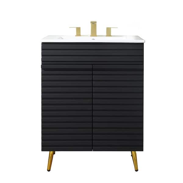 VAPSINT 24 in. W x 18 in. D x 33 in. H 2-Doors Bathroom Vanity in Black with White Ceramic Sink Top