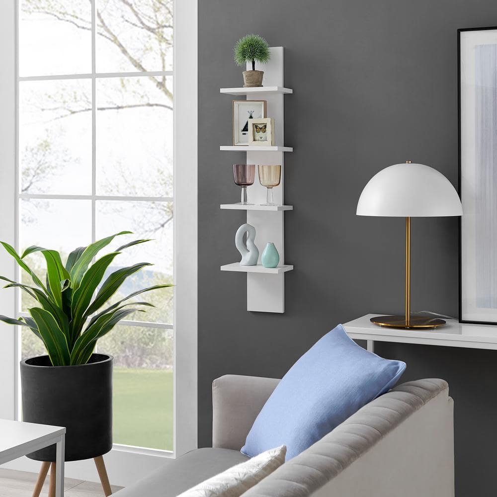 White 4-Tier Floating Wall Shelf with Wood Finish