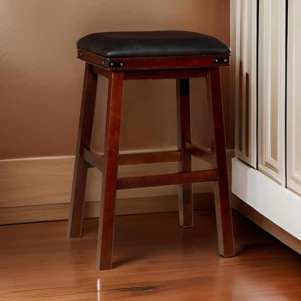 Benjara 25 in. Espresso Brown and Black Backless Wood Frame Bar Stool with Leather Seat