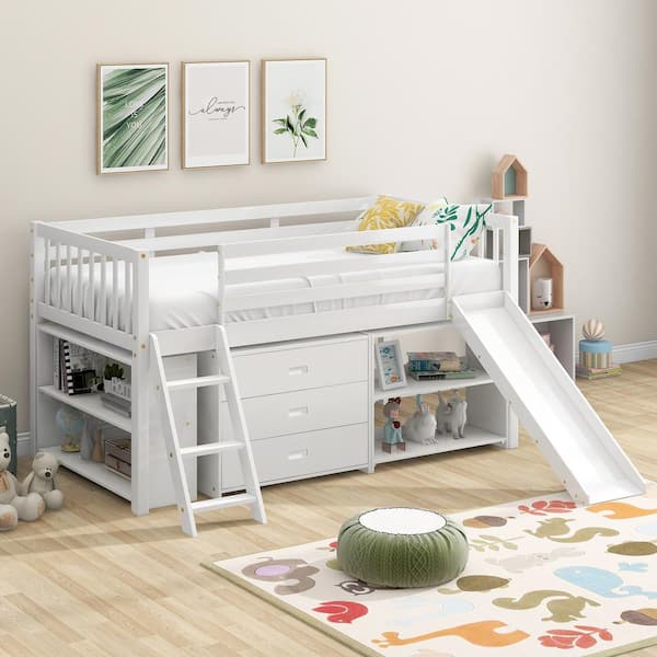 Qualler White Twin Size Low Loft Bed with Bookcases Drawers and Slide ...