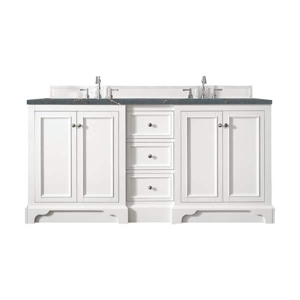James Martin Vanities De Soto 73.3 in. W x 23.5 in. D x 36.3 in. H Double Bathroom Vanity in Bright White with Parisien Bleu Quartz Top