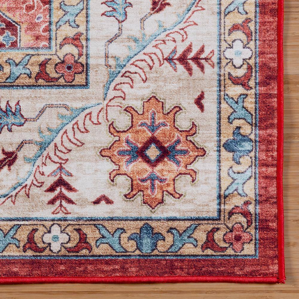 Crystal Print Red and Cream Floral Washable Area Rug