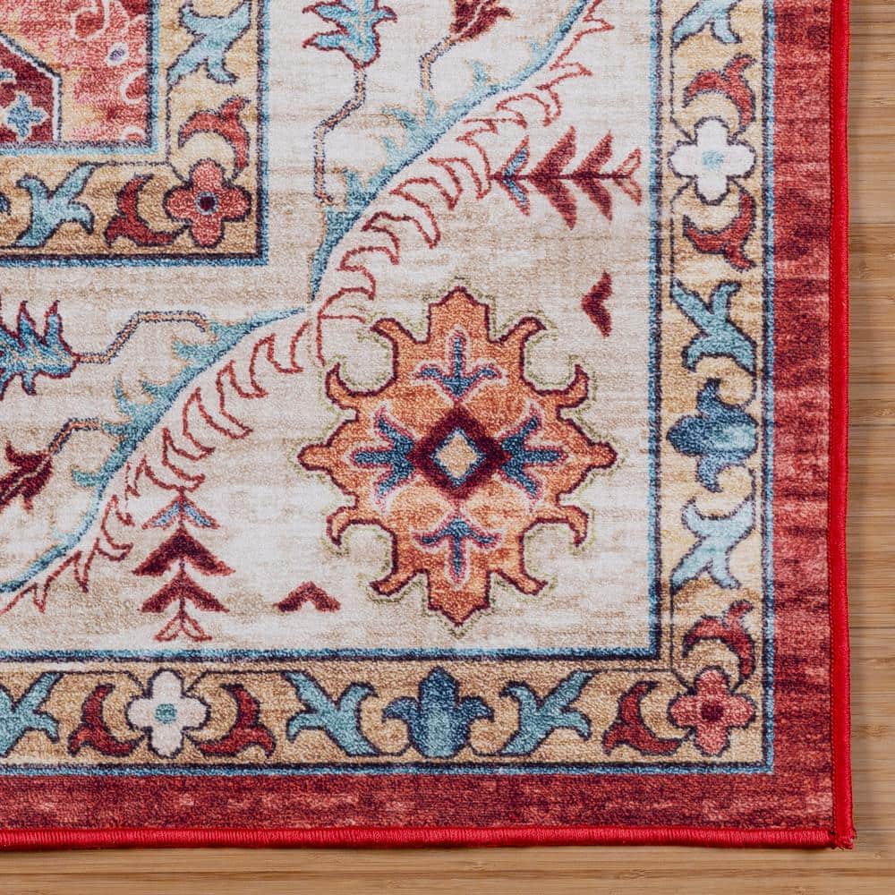 Cullen Red and Cream Floral Washable Indoor Area Rug