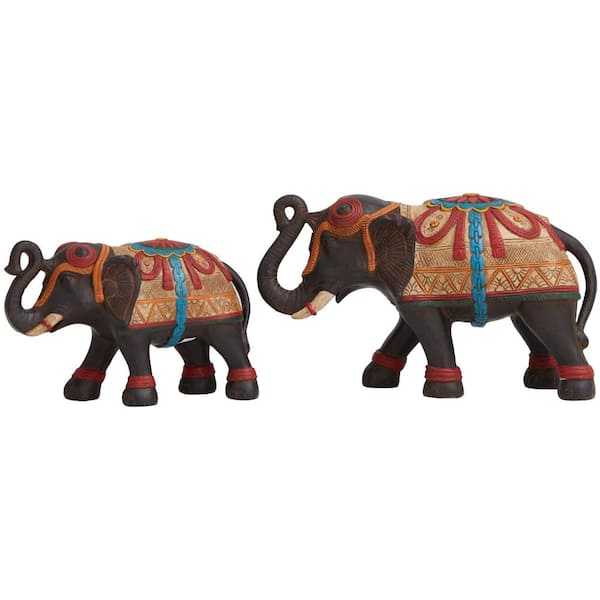 Litton Lane Multi Colored Resin Decorated Elephant Sculpture with Intricate Carvings and Floral Designs (Set of 2)