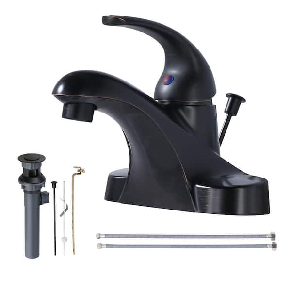 IVIGA Durable 4 in. Centerset Single Handle Mid Arc Bathroom Faucet with Lift Rod Drain and Supply Lines in Oil Rubbed Bronze