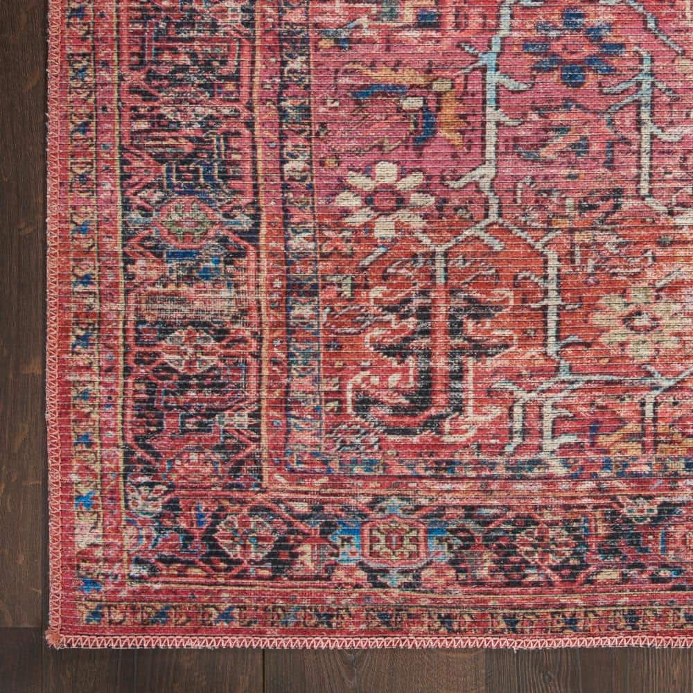 Brick Red Cotton Chenille Runner Rug with Distressed Persian Pattern