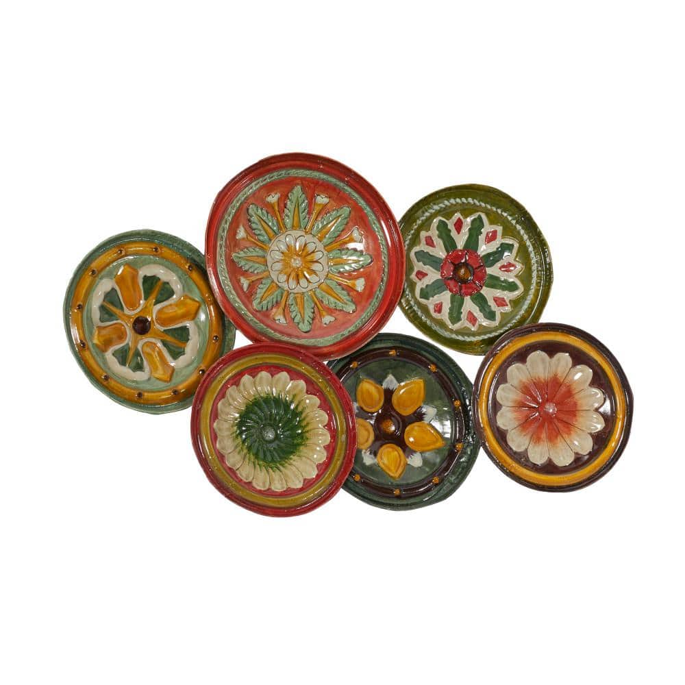 Rustic Floral Metal Wall Sculpture with Multi-Colored Plates, 31"W x 19"H