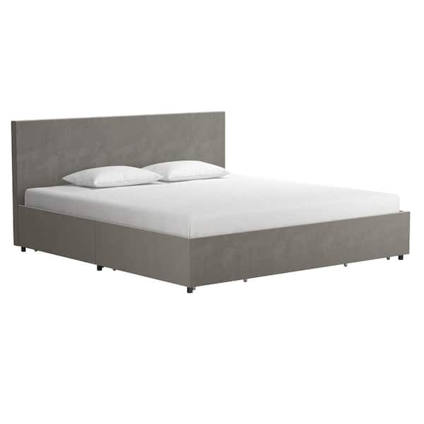 Novogratz Kelly Light Gray Velvet Upholstered King Bed with Storage