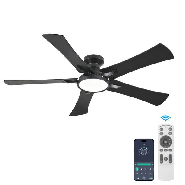 52 in Modern Balck 6 Speeds Black Flush Mount Standard Ceiling Fan with 3-Color Dimmable LED Light, APP and Remote