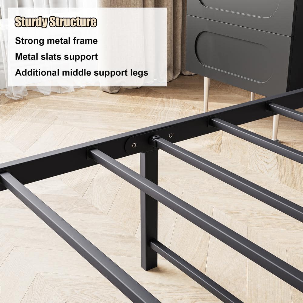 Queen Black Metal Frame Platform Bed with Upholstered Storage Headboard