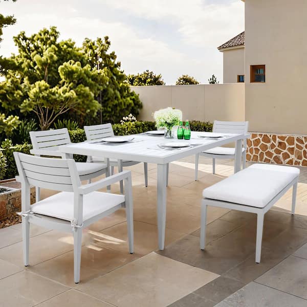 Matte White 6-Piece Aluminum Outdoor Dining Set with Sunbrella Fabric Cushion